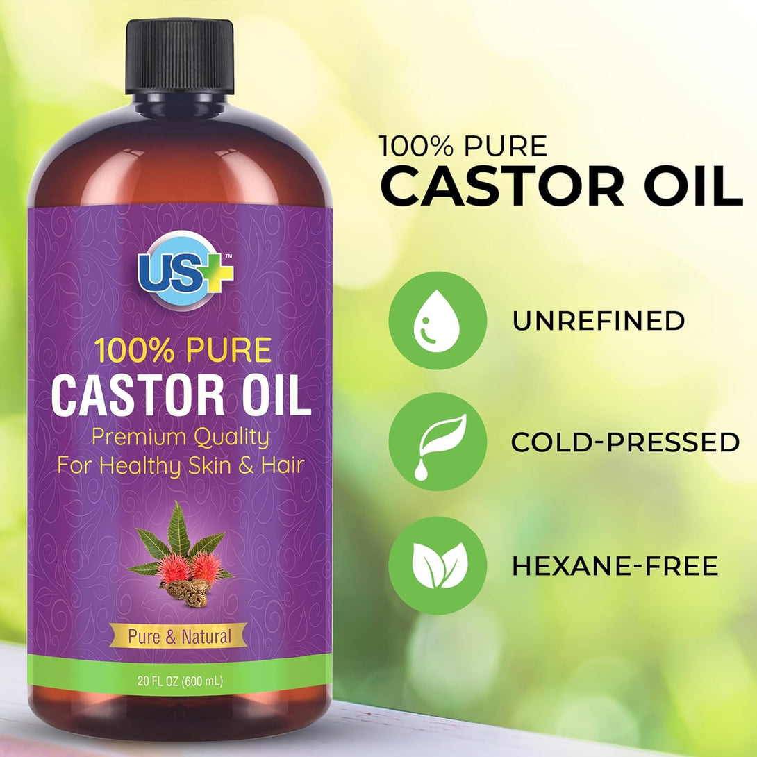 20Oz 100% Pure Castor Oil - Cold-Pressed, Unrefined, Hexane-Free - BPA Free Plastic Bottle - USP Grade - Premium Quality for Healthy Skin & Hair