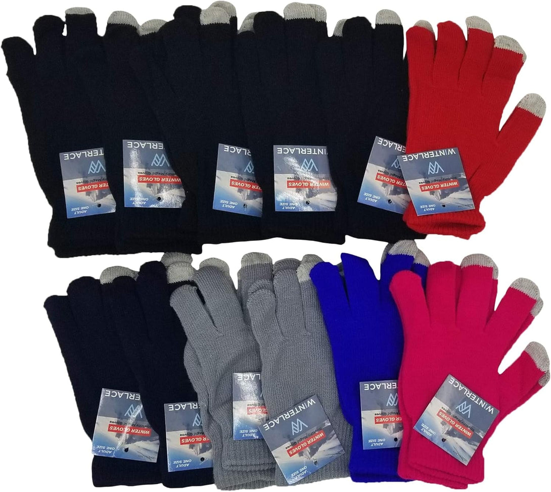 Winter Magic Gloves, 12 Pairs Stretchy Warm Knit Bulk Pack Mens Womens