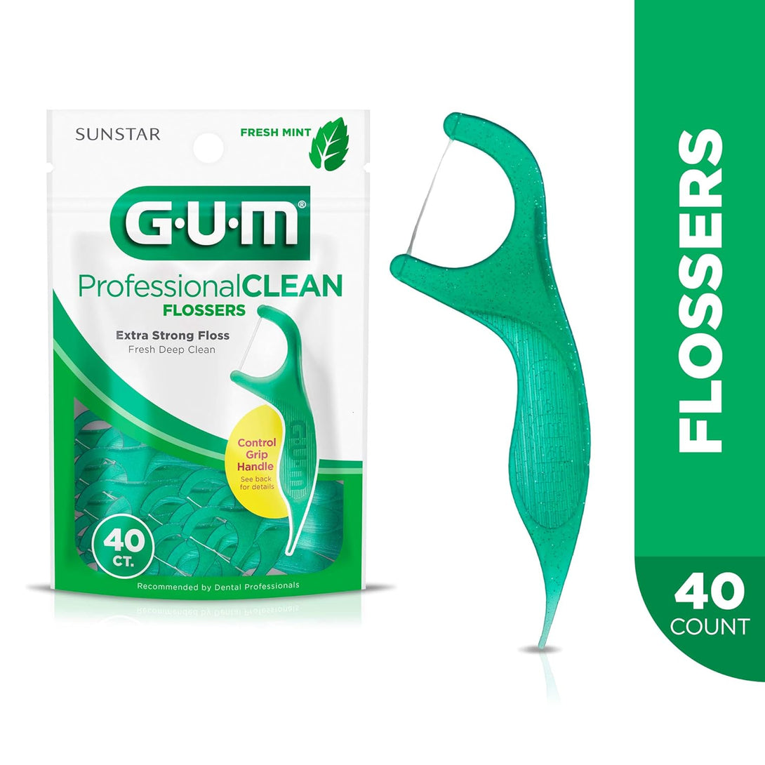 GUM Professional Clean Flossers, Fresh Mint, On-The-Go Dental String Floss Picks, 40 Count