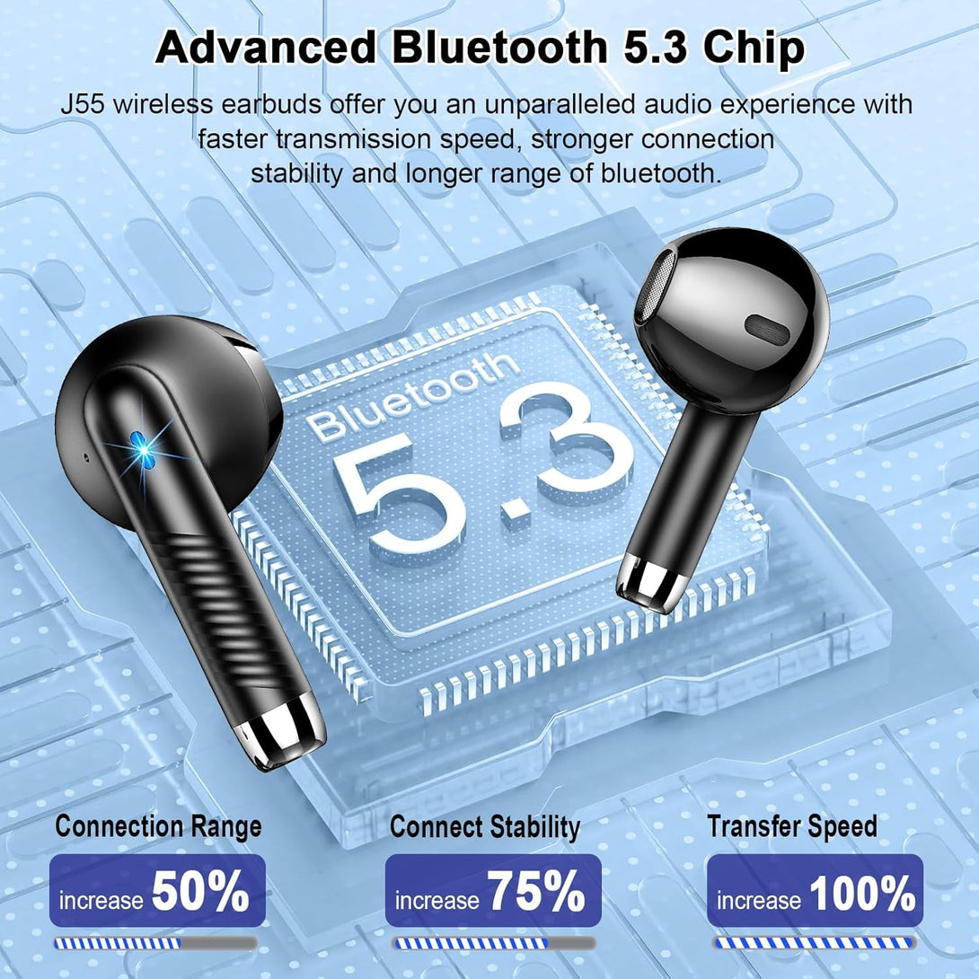 Wireless Earbuds, 2024 Bluetooth Headphones V5.3 Ear Buds Built-In ENC Noise Cancelling Mics, 40H Stereo Bass Bluetooth Earbuds with Dual LED Display, IP7 Waterproof Earphones for Android Ios, Black