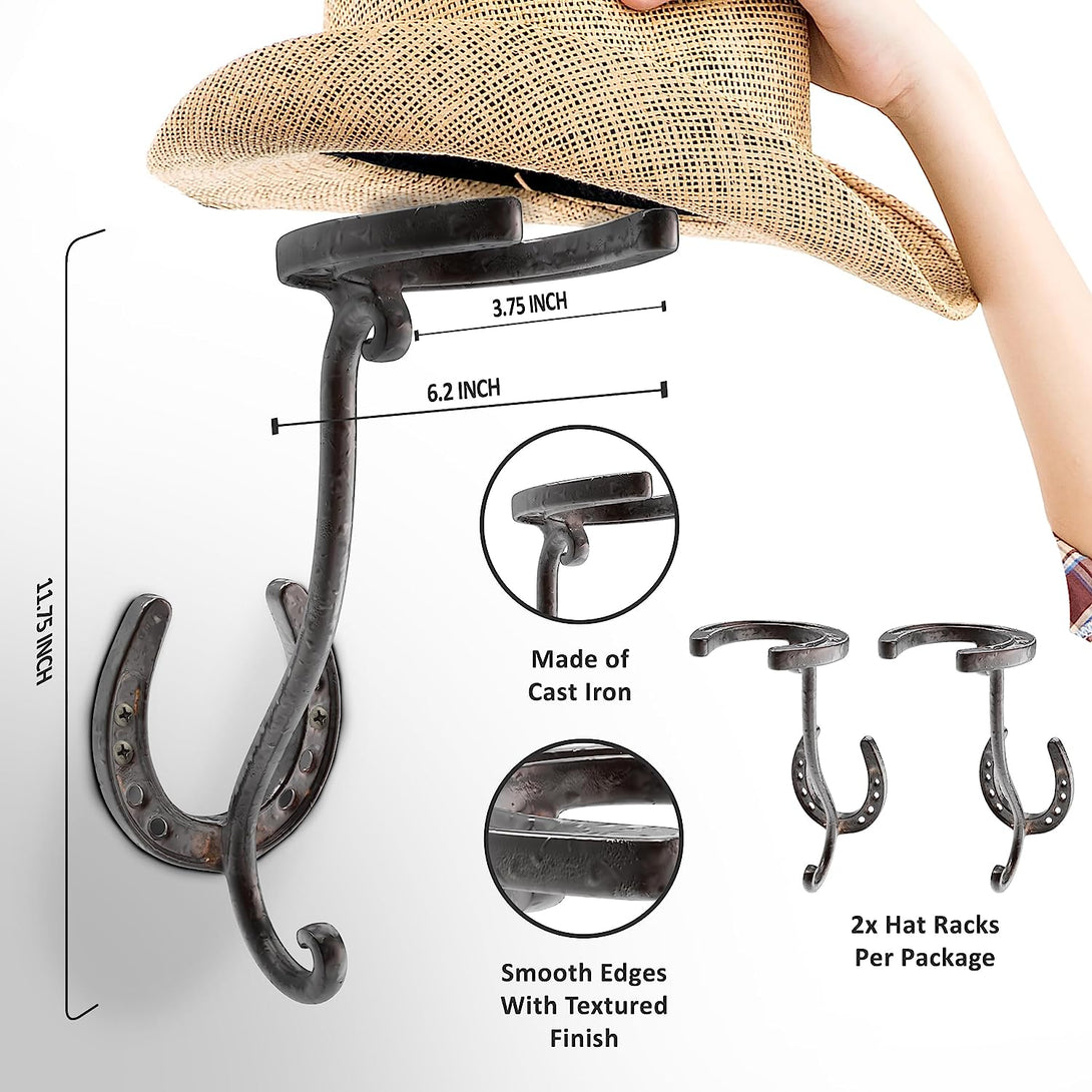 Cowboy Hat Rack - Set of 2 Decorative Wall-Mounted Holder - Heavy-Duty Iron Hanger and Organizer DIY Kit for Hats, Coats and Keys - Rustic Western Horseshoe Hooks for Storage and Display