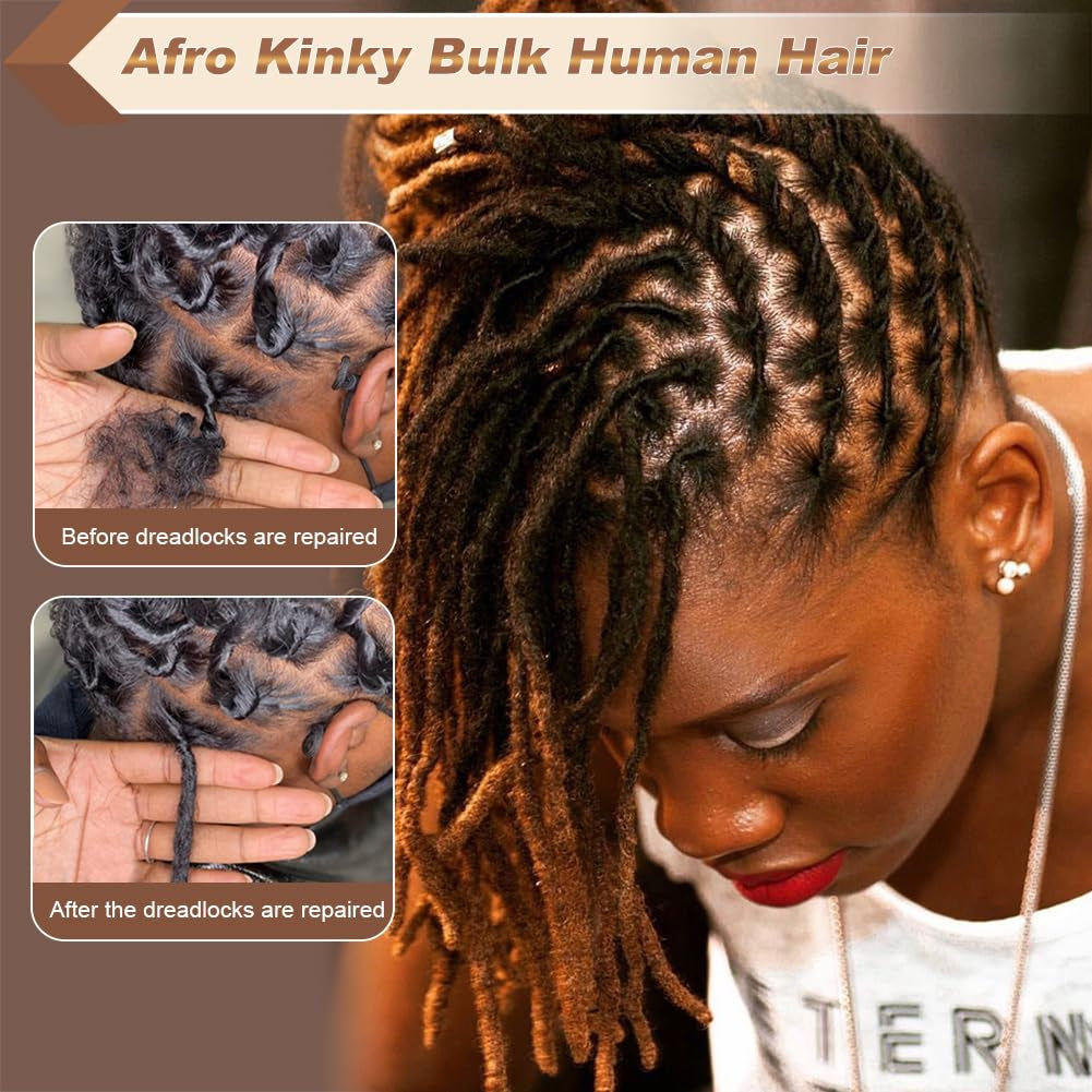 Premium Afro Kinky Bulk Human Hair 100%, Afro Kinkys Human Hair Bulk for Dreadlock Extensions, Repair Locs, Create Dreadlocks. Can Dye and Bleach, 8 Inch 30G/Pack