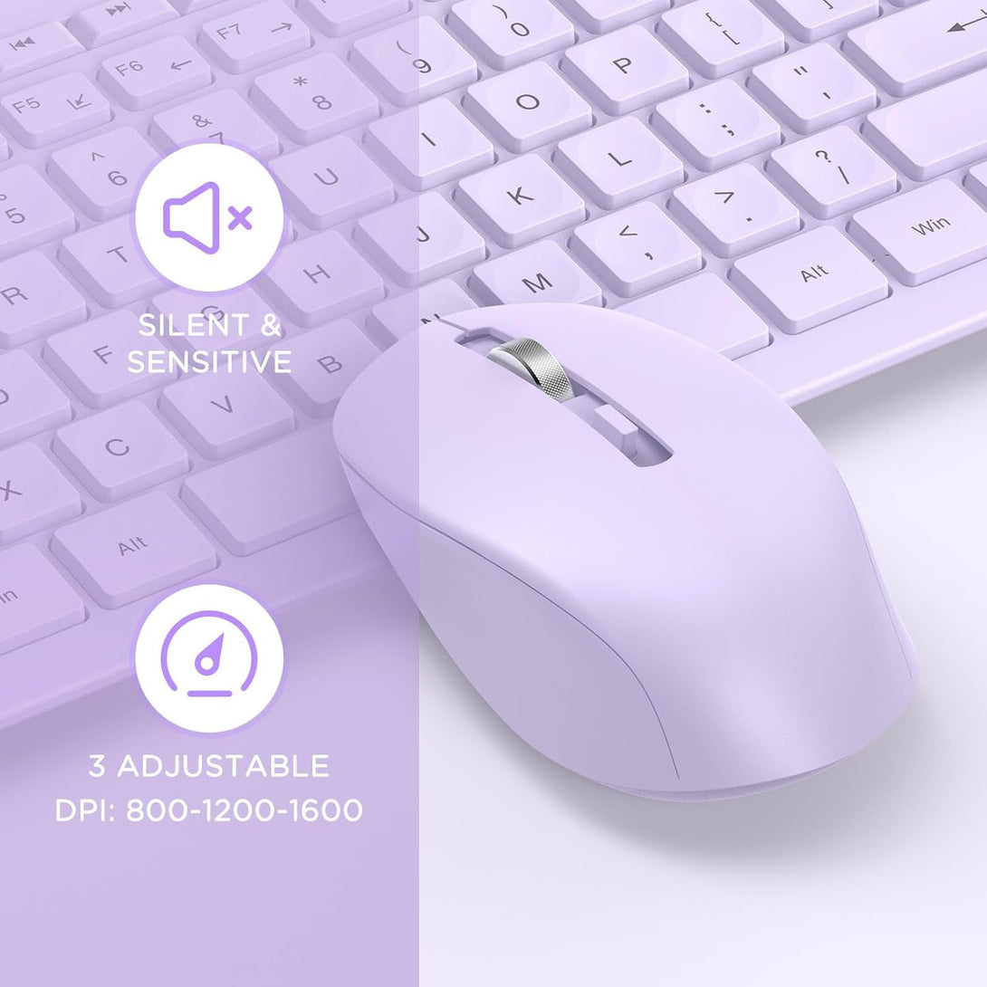 Seenda Wireless Keyboard and Mouse Combo, 2.4Ghz Cordless Quiet Keyboard Mouse with USB Receiver, Full Size Cute Purple Combo, Compatible for Windows Laptop Computer Desktop PC, Purple