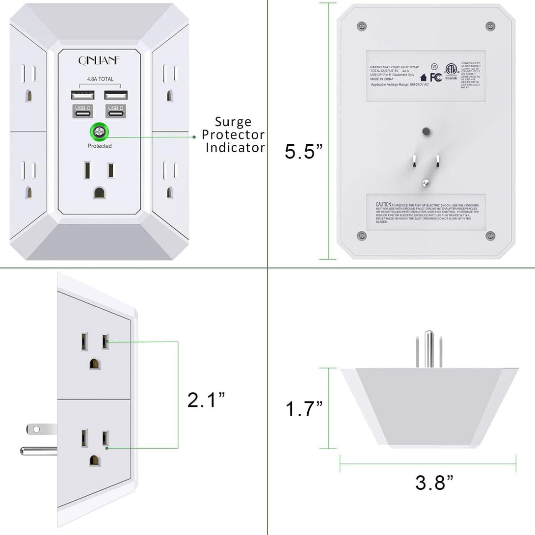 USB Wall Charger, Surge Protector, QINLIANF 5 Outlet Extender with 4 USB Charging Ports (4.8A Total) 3-Sided 1680J Power Strip Multi Plug Outlets Wall Adapter Spaced for Home Travel Office(2U2C),White