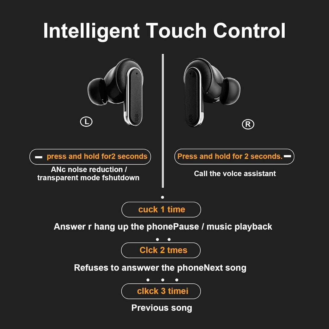 Smart Touchscreen Wireless Bluetooth 5.3 Headset, Super Smart Noise Canceling Earbuds, In-Ear Earbuds with Ear Caps, IPX56 Water Resistant, for Ios/Android, Sports, Business