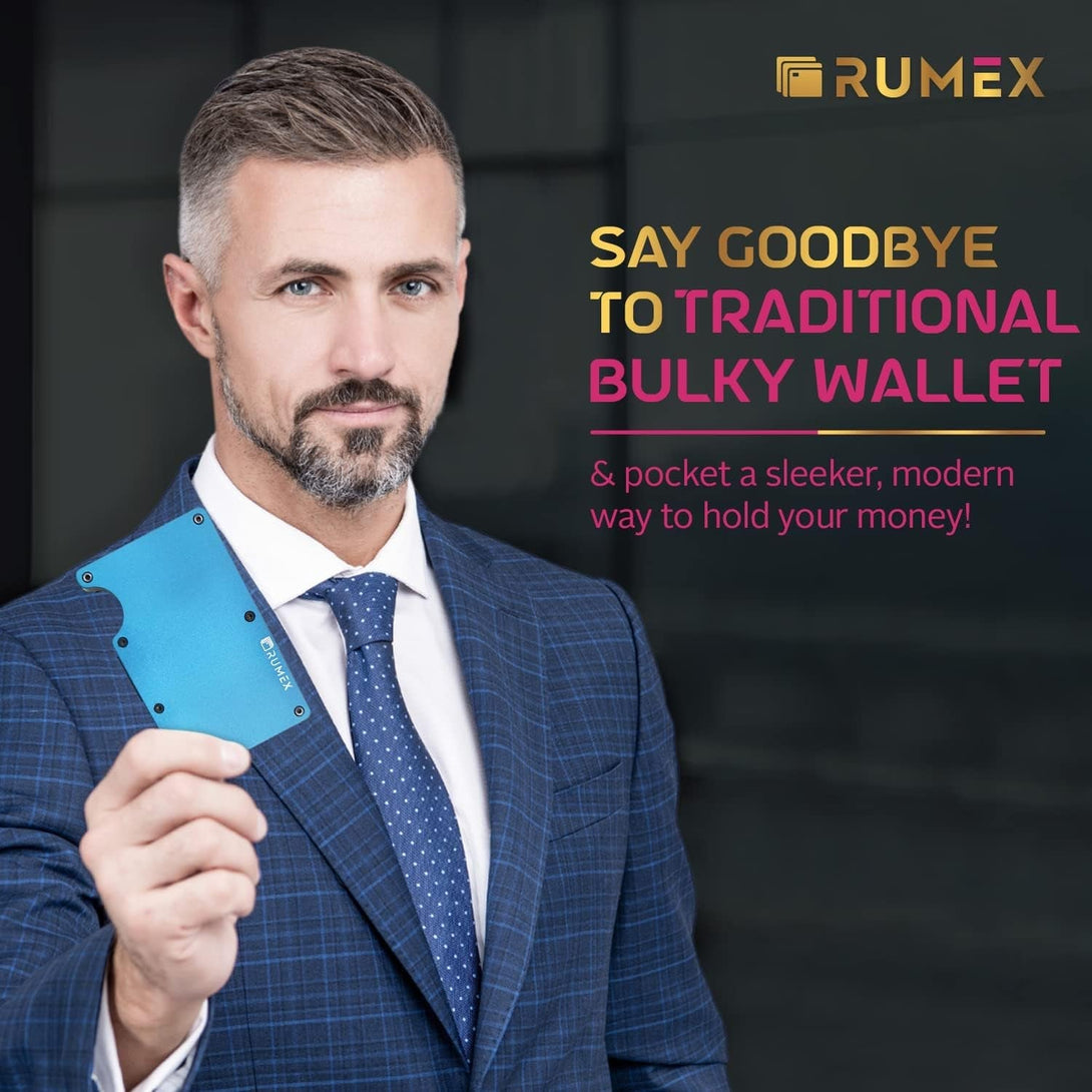 RUMEX Men’S Metal Wallet & Card Holder - RFID Blocking Anti-Theft Slim Wallet for Men - Sleek & Minimalist Metal Design - Men’S Card Organizer & Money Clip - BLUE
