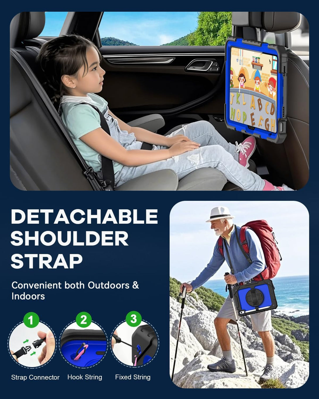 Cantis Case for Ipad 11-Inch (A16) 2025/ Ipad 10Th Generation 2022 (10.9 Inch) with Screen Protector, Ipad 11Th Case with 360 Degree Rotating Stand/Shoulder Strap/Pencil Holder, Black+Dark Blue