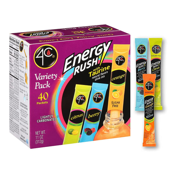 4C Energy Rush Stix, Variety 1 Pack, 40 Count, Single Serve Water Flavoring Packets, Sugar Free with Taurine, on the Go Bundle