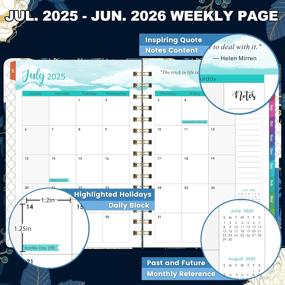 2025-2026 Planner - Academic Planner 2025-2026, July 2025 - June 2026, Weekly & Monthly Planner, 6.4" X 8.5", Colorful Tabs, Back Pocket, Holidays, Thick Paper, Twin-Wire Binding
