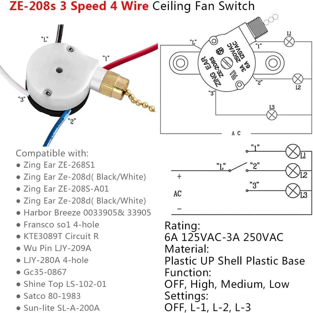 With 4 Pre-Installed Wires Ceiling Fan Switch 3 Speed 4 Wire, Ze-208S Zing Ear E89885 Fan Pull Chain Switch, Brass Chain