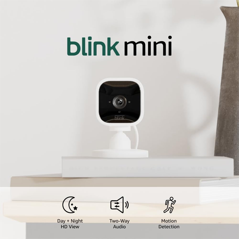 Blink Mini - Compact Indoor Plug-In Smart Security Camera, 1080P HD Video, Night Vision, Motion Detection, Two-Way Audio, Easy Set Up, Works with Alexa – 1 Camera (White)