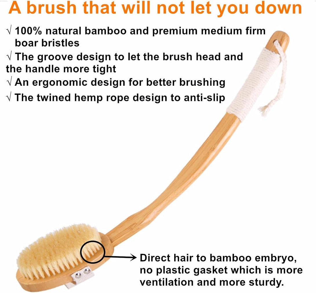 Body Brush Back Scrubber,18.7 Inch Long Handle Detachable Body Brush with Dual Brushing Heads for Dry Brushing Shower, Bamboo Medium Firm Bristle Brush for Body Cellulite and Lymphatic (Beige)
