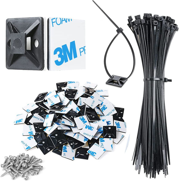 XHF 3/4" Strong Back-Glue Self Adhesive Black Cable Zip Tie Mounts 100Pcs with 8" Zip Ties, Screws, UV Protection Outdoor Sticky Wire Fasteners Cable Clips Management Anchors Organizer Holders Squares