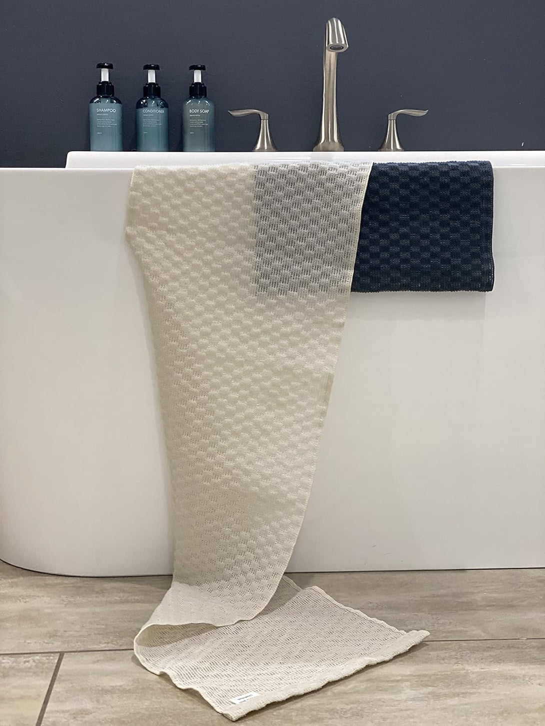 Extra Long Exfoliating Shower Towel Washcloth (Medium Exfoliate) - Dark Gray & Bone - (2 Pack)