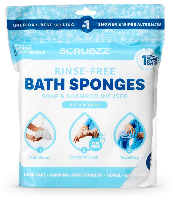 Scrubzz Disposable Rinse Free Bathing Wipes - 25 Pack - All-In-1 Single Use Shower Wipes, Simply Dampen, Lather, and Dry without Shampoo or Rinsing