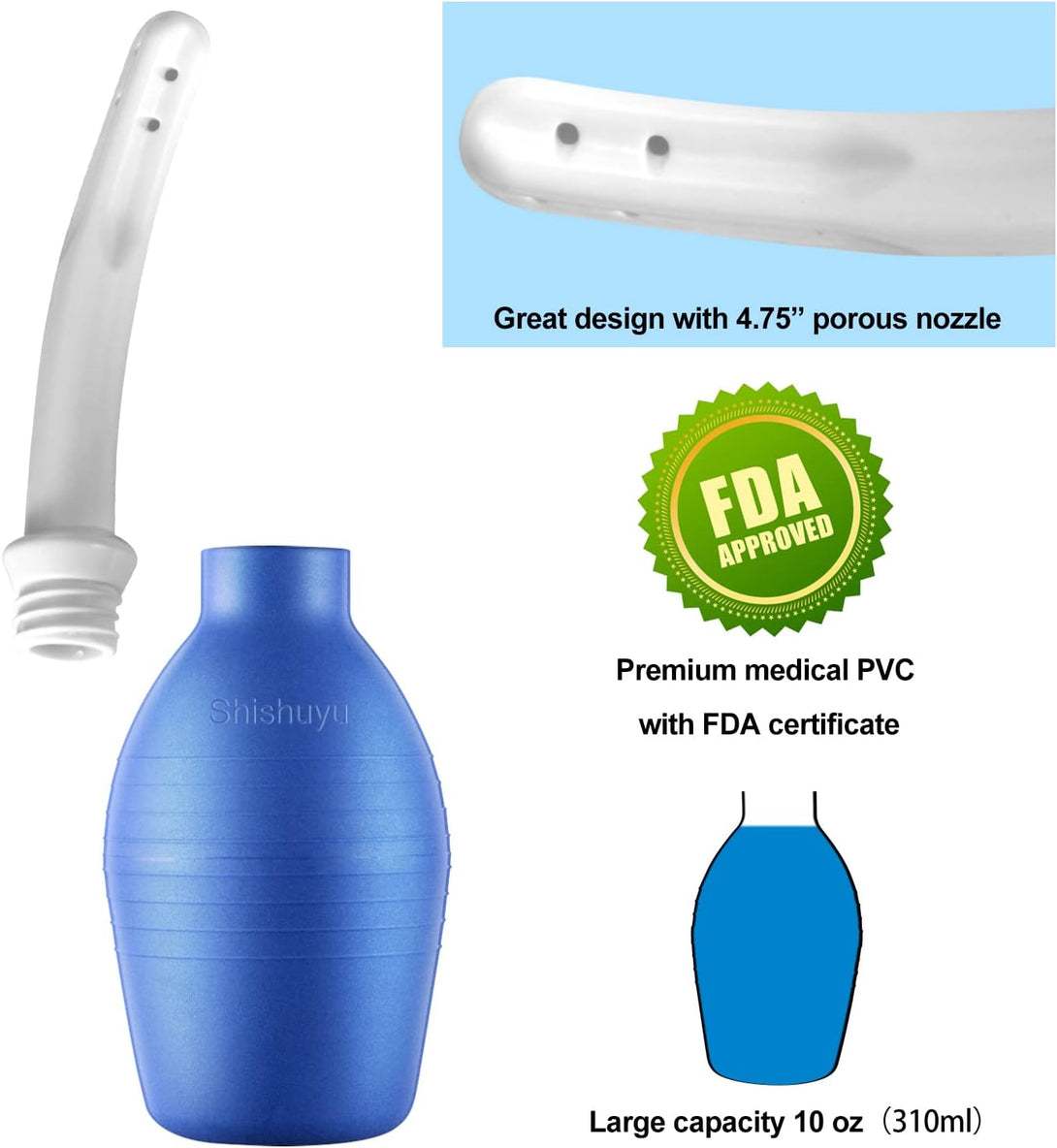 10 Oz Enema Bulb Kit with Storage Bag- Anal or Vaginal Silicone Douche for Men or Women - Comfortable Cleaner（Blue）