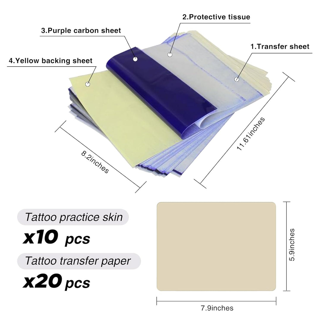 Tattoo Practice Skin with Transfer Paper, Urknall 30PCS Fake Skin and Tracing Paper Kit Including 10PCS Double Sided Skin and 20PCS Stencil Paper for Tattoo Practice Tattoo Supplies