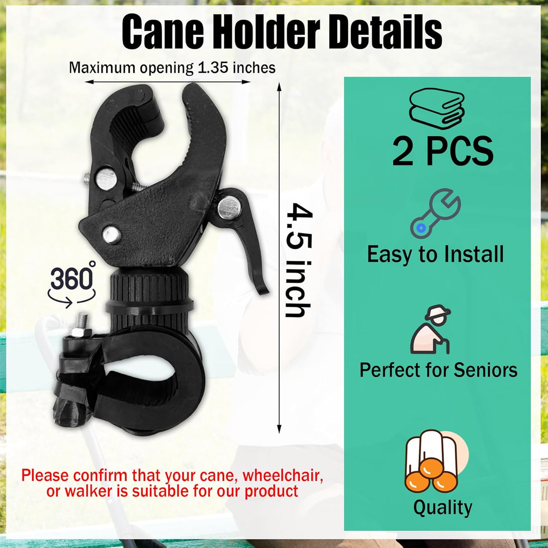 SADIKALO Cane Holder for Walker - 2Pcs Wheelchair Rollator Crutches Holder Adjustable Walking Stick Holder Accessories for Seniors