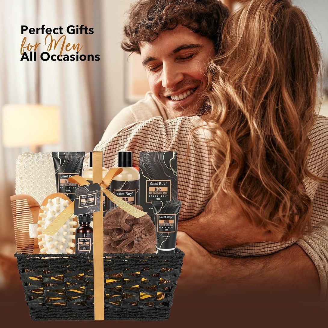 Valentines Day Gifts for Him Fathers Day Bath Perfume Gift Set for Men, 14 Pcs Spa Basket with Classic Perfume Kit, Personal Self Care Shaving Kit Relax Included Scubber, Beard Oil, Bath Pillow More
