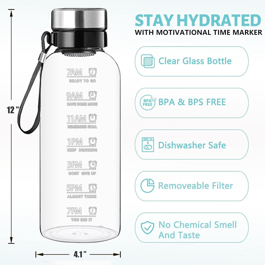 64 OZ Glass Water Bottle - Large Resuable Borosilicate Wide Mouth Glass Drinking Bottles with Time Mark, Sleeve, BPA Free