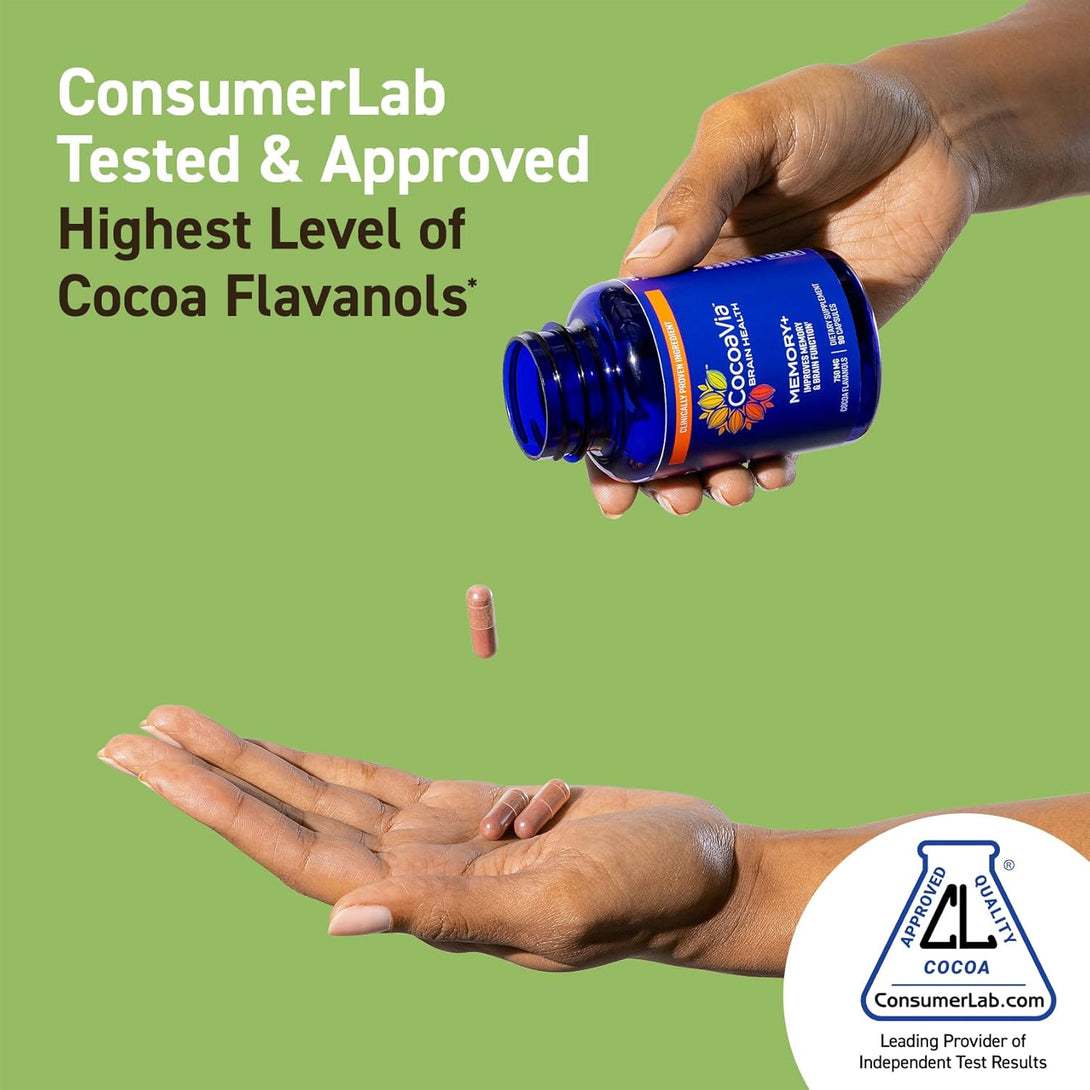 Cocoavia Memory+ Brain Supplement, Clinically Proven Memory and Brain Booster, Plant Based Supplement, Sugar Free, Gluten Free, Vegan, 750 Mg Cocoa Flavanols Capsules, 30 Day Supply