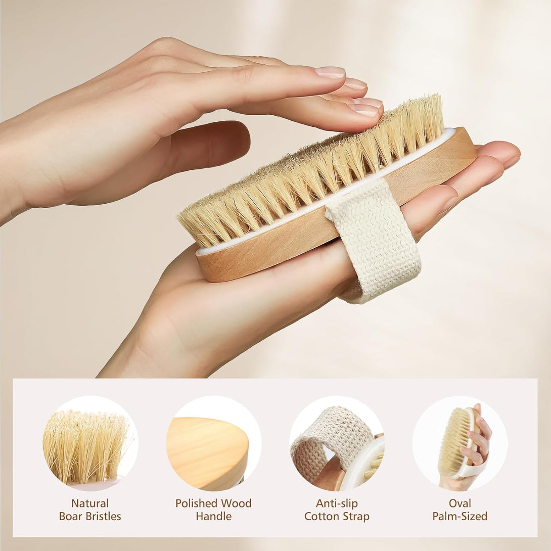 POPCHOSE Dry Brushing Body Brush, Natural Bristle Dry Skin Exfoliating Brush Body Scrub for Flawless Skin, Cellulite Treatment, Lymphatic Drainage and Blood Circulation Improvement