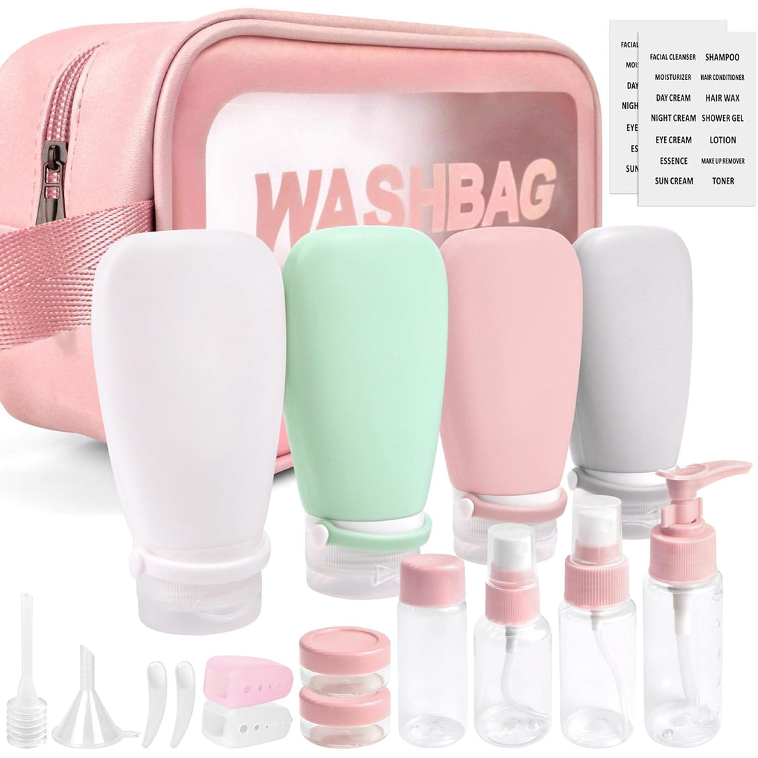 18 Pcs Travel Bottles for Toiletries Gym TSA Approved, Leak Proof with Bandage Silicone Squeezable 3Oz for Toner Shampoo Conditioner Lotion Body Wash with Toothbrush Cover Tag and Wash Bag