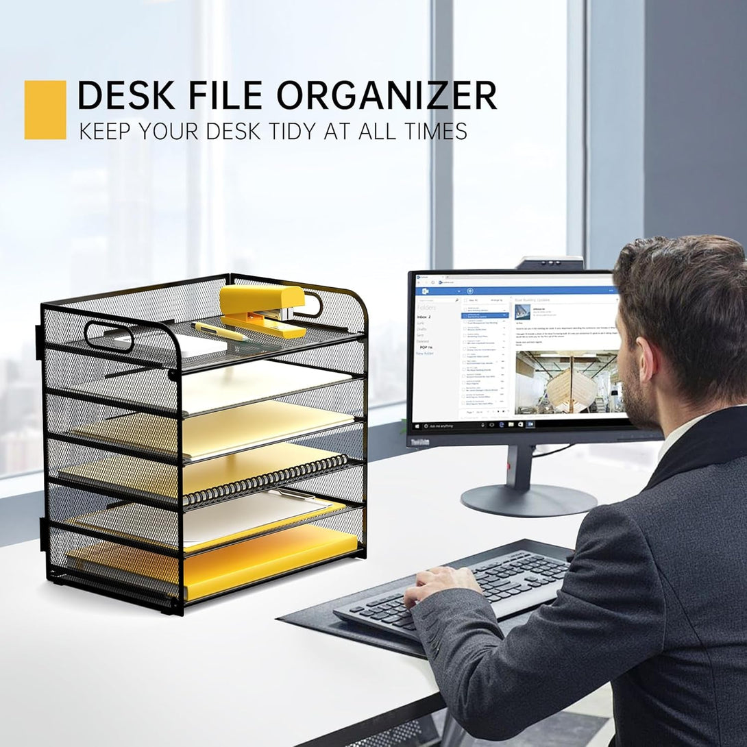 6 Tier Desk Paper Letter Organizer Tray, Mesh File Organizer, Letter Tray for Office & Home (1, Black)
