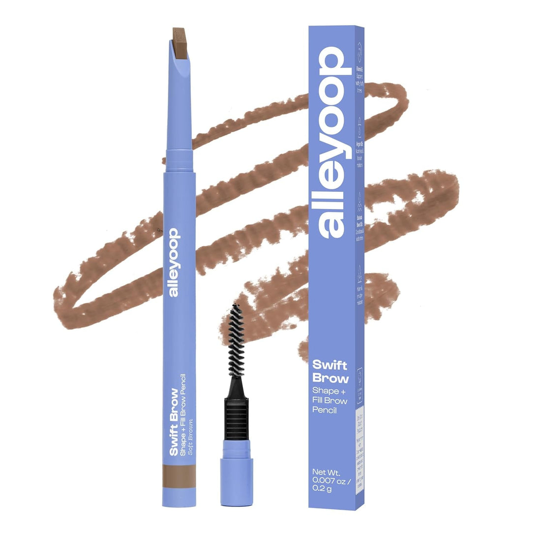 ALLEYOOP Swift Eyebrow All-In-1 Brow Definer with Built-In Sharpener & Spoolie Brush, Water & Smudge Resistant and Eyebrow Pencil for Women, Natural Matte Finish, Vegan, Cruelty-Free (Soft Brown)