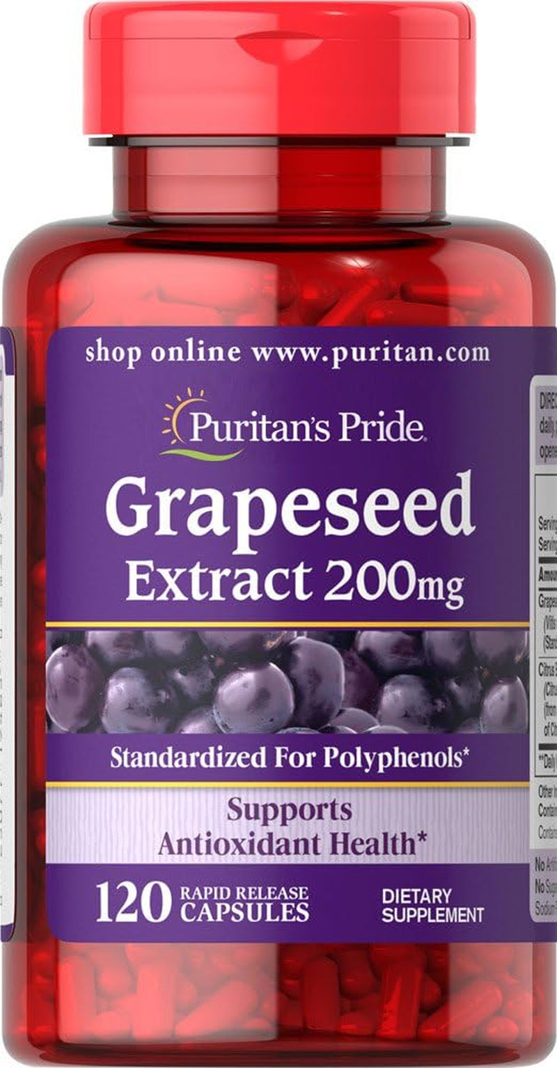 Puritan'S Pride Grapeseed Extract 200Mg, Dietary Supplement for Antioxidant and Heart Health Support, 2 Month Supply, 120 Rapid Release Capsules