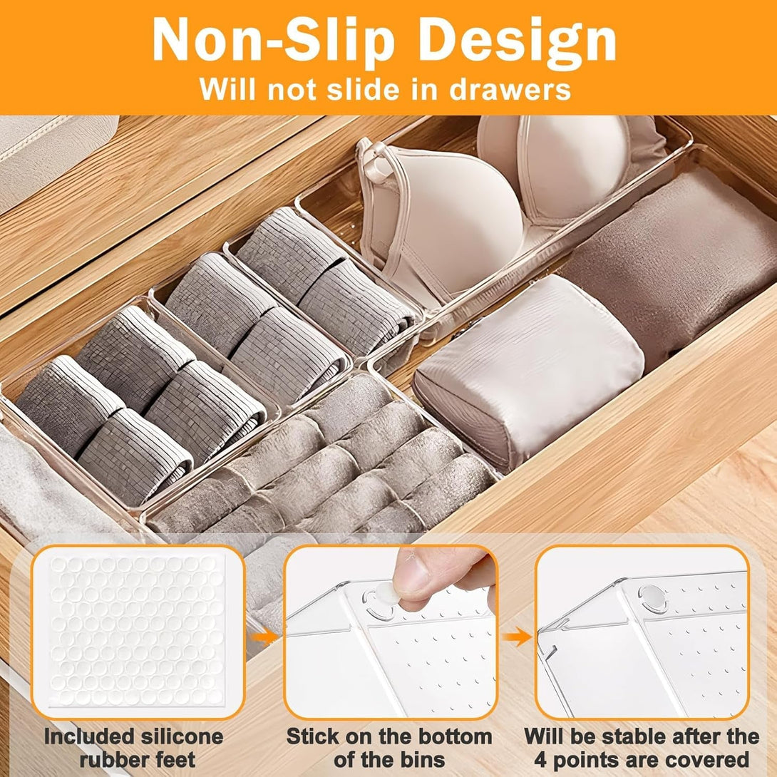 13-Piece Clear Plastic Drawer Organizers: 3 Sizes, Stackable, Anti-Slip, Multi-Function, 2-Year Warranty