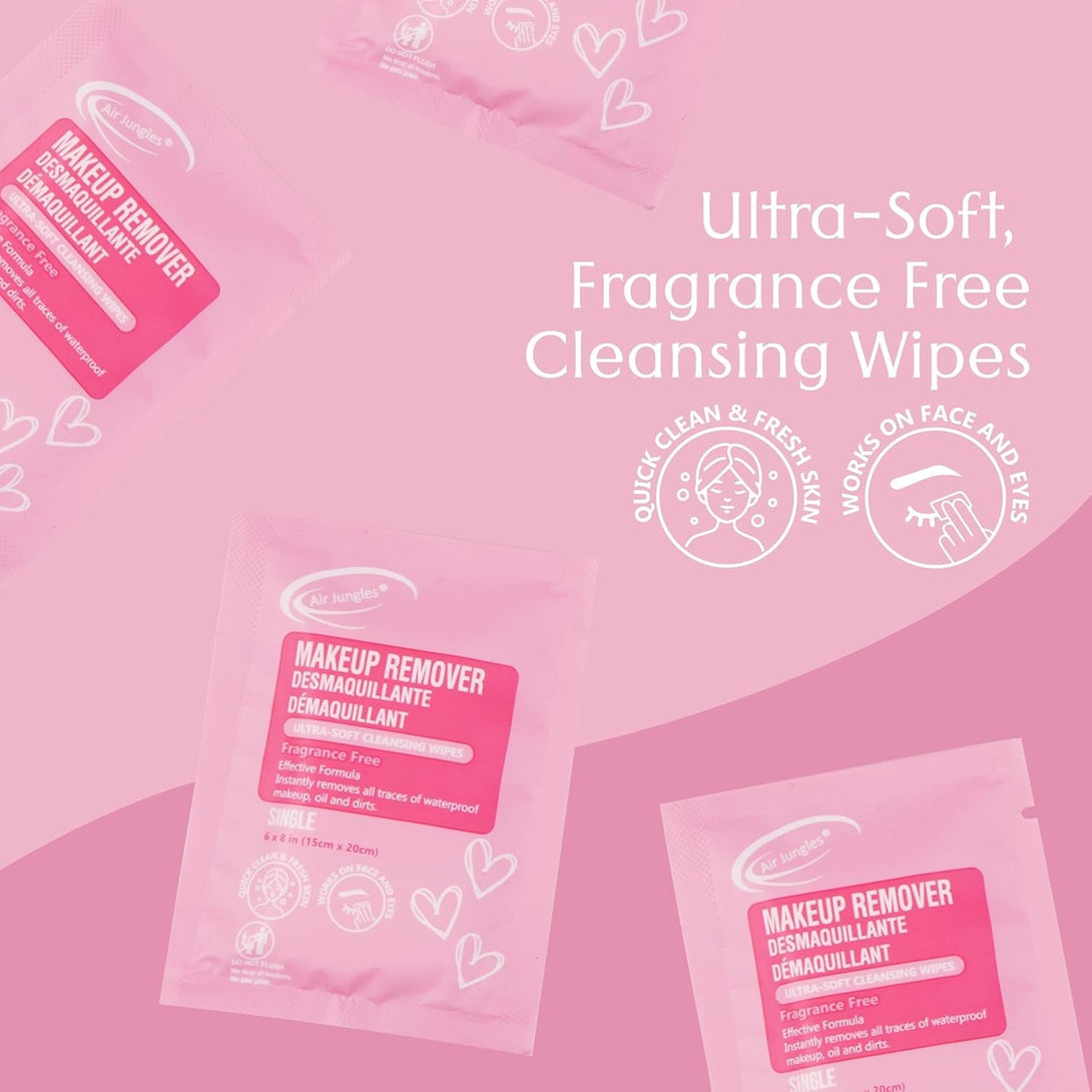 Air Jungles Makeup Remover Wipes Singles 25 Count, Extra Large 6" X 8", Fragrance-Free, Removes Makeup and Oil, Ultra Soft Cleansing Wipes, Alcohol Free
