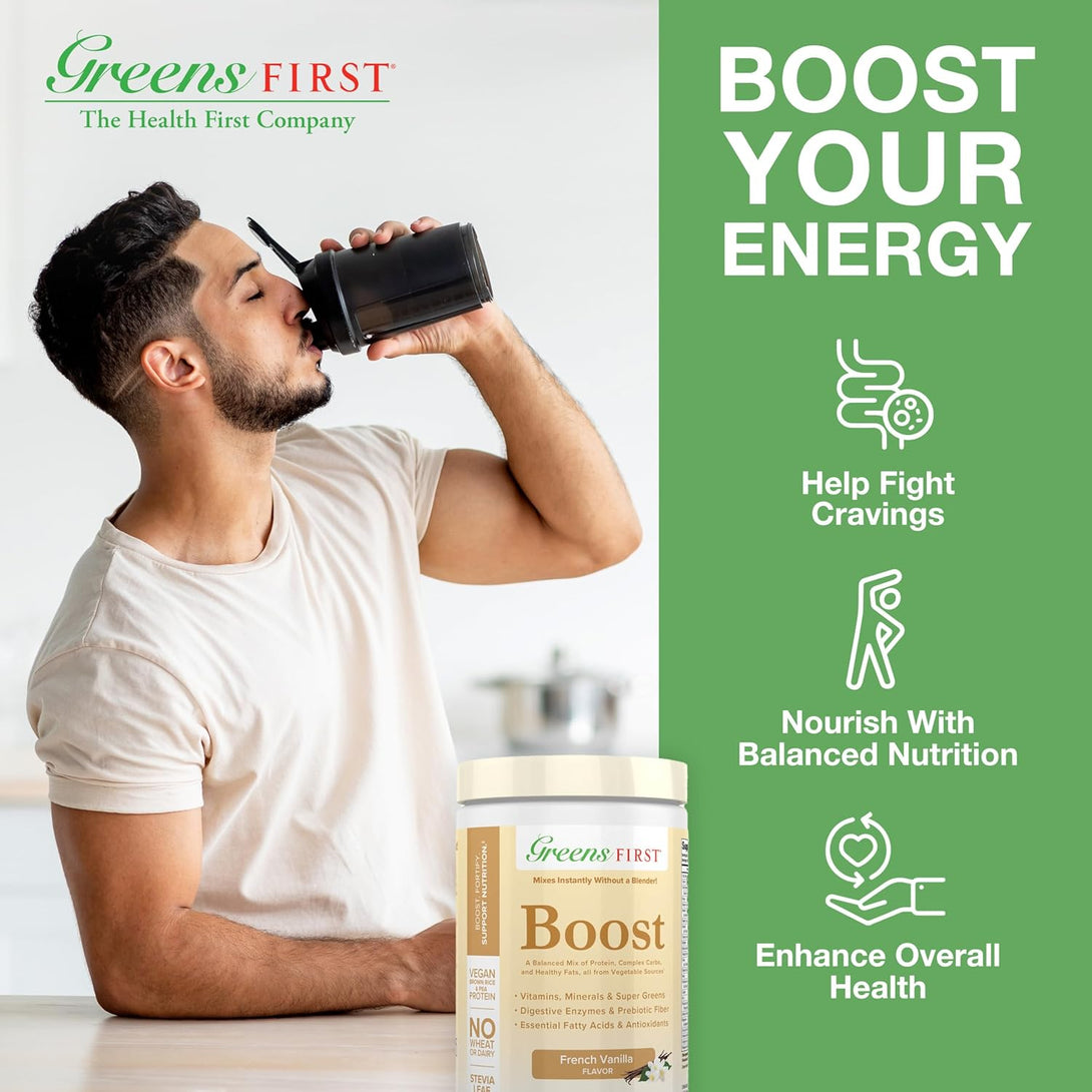 Greens First Boost - Plant-Based Protein & Balanced Nutrition - Superfood Shake Mix - No Wheat or Soy - Dairy-Free - Vegan - French Vanilla, 12.06 Oz.