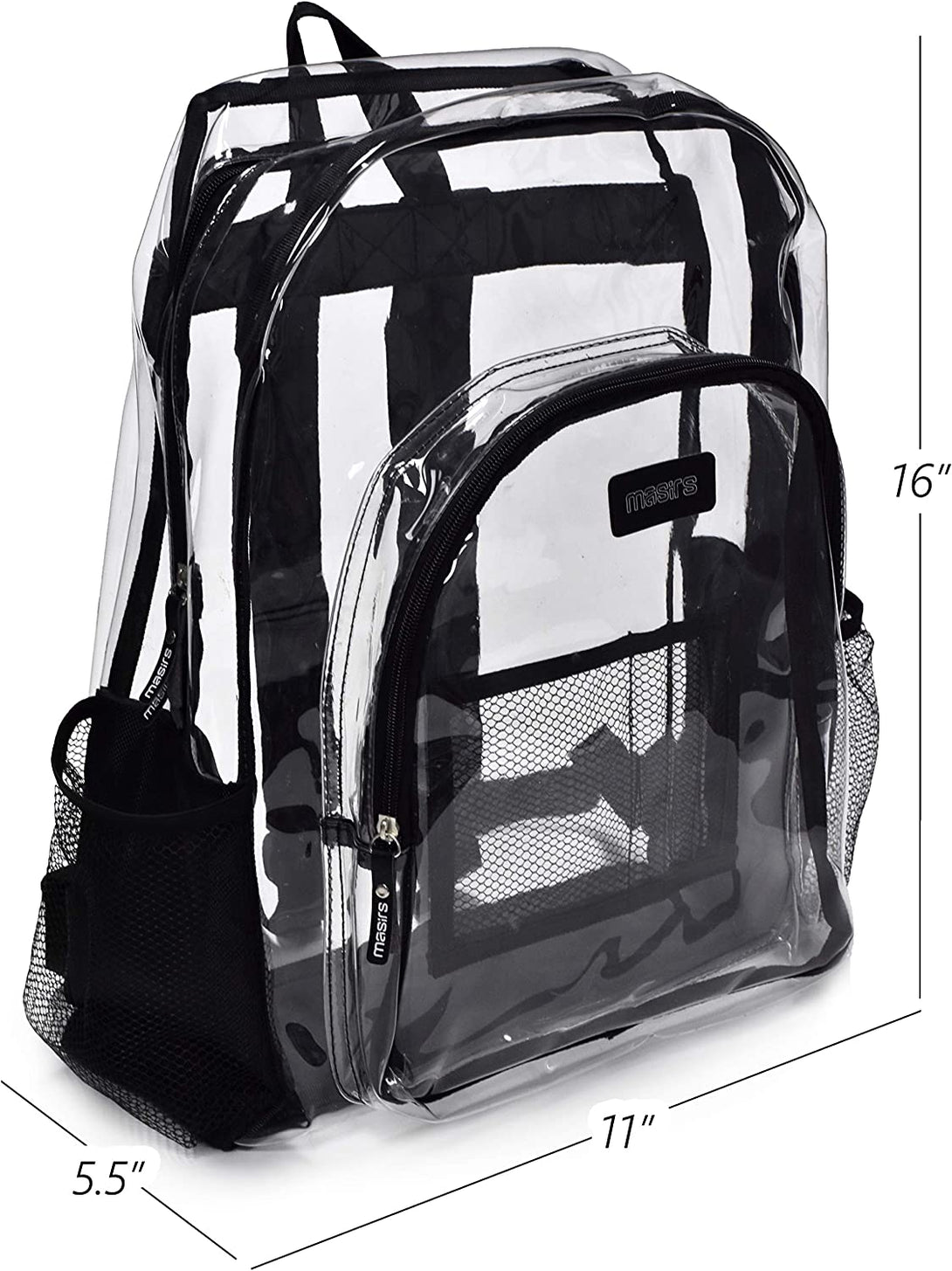 Masirs Heavy Duty Clear Backpack, Stadium Approved Transparent Design, Quick Access at Security Checkpoints, Adjustable Shoulder Straps, Dual Zippered Compartments & Mesh Side Pockets, (16"H X 11"W)