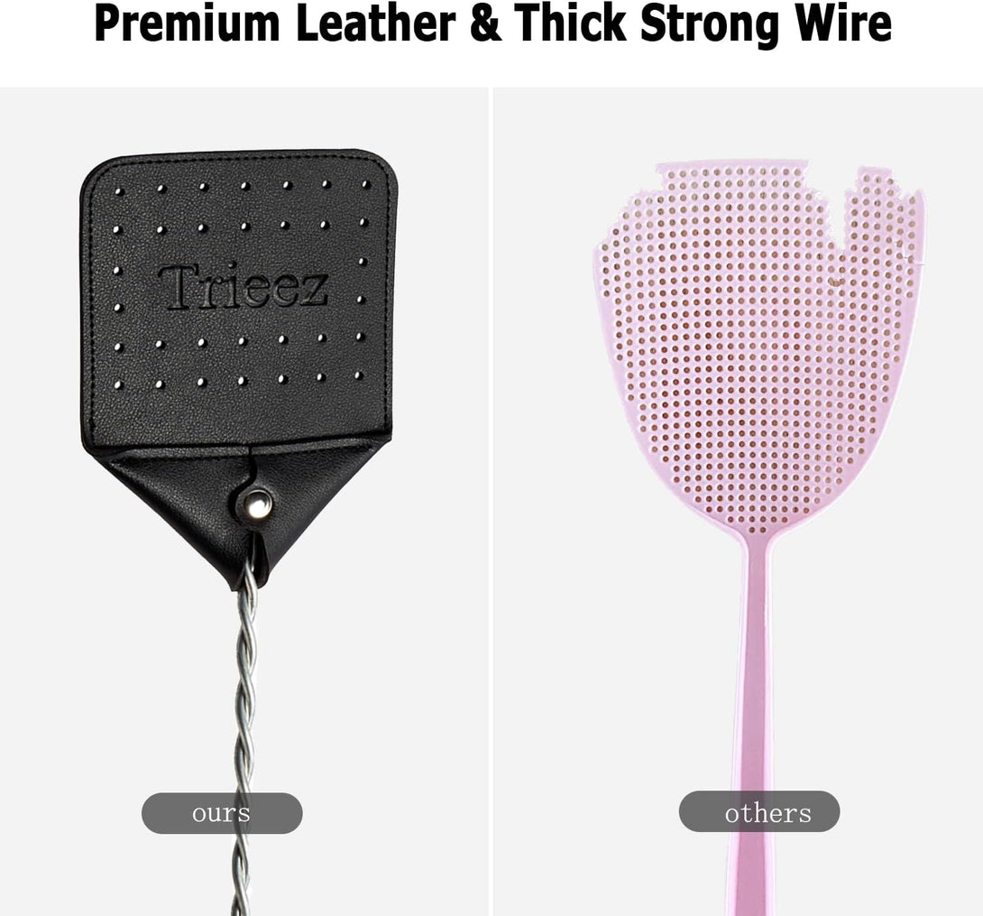 Trieez 17.5" Sturdy Leather Fly Swatter - Heavy Duty Flyswatter with Durable Metal Handle, Rustic Bug Swatter for Flies, Bees, and Mosquitoes - Black