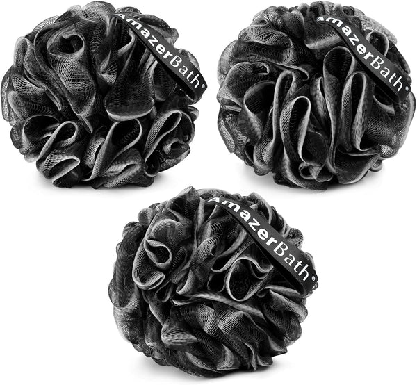 Amazerbath Loofah Sponge, Shower Loofah for Men and Women - Body Scrubber Loofa Set of 3 Classic Black & White Edge, Bath Sponge 60G/Pcs