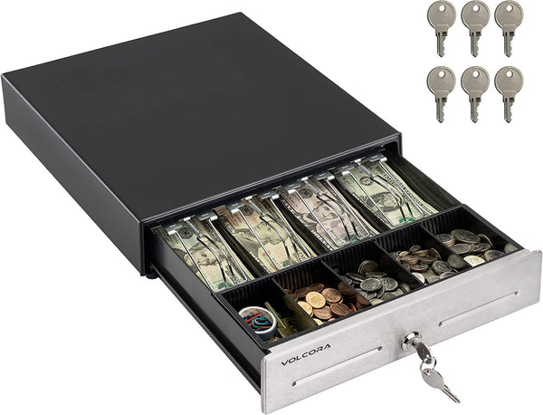 Volcora 13" Cash Register Drawer for Point of Sale (POS) System, 4 Bill 5 Coin Cash Tray, Black and Stainless Steel Front Cash Drawers, Removable Coin Compartment, 24V, RJ11/RJ12 Key-Lock, Media Slot