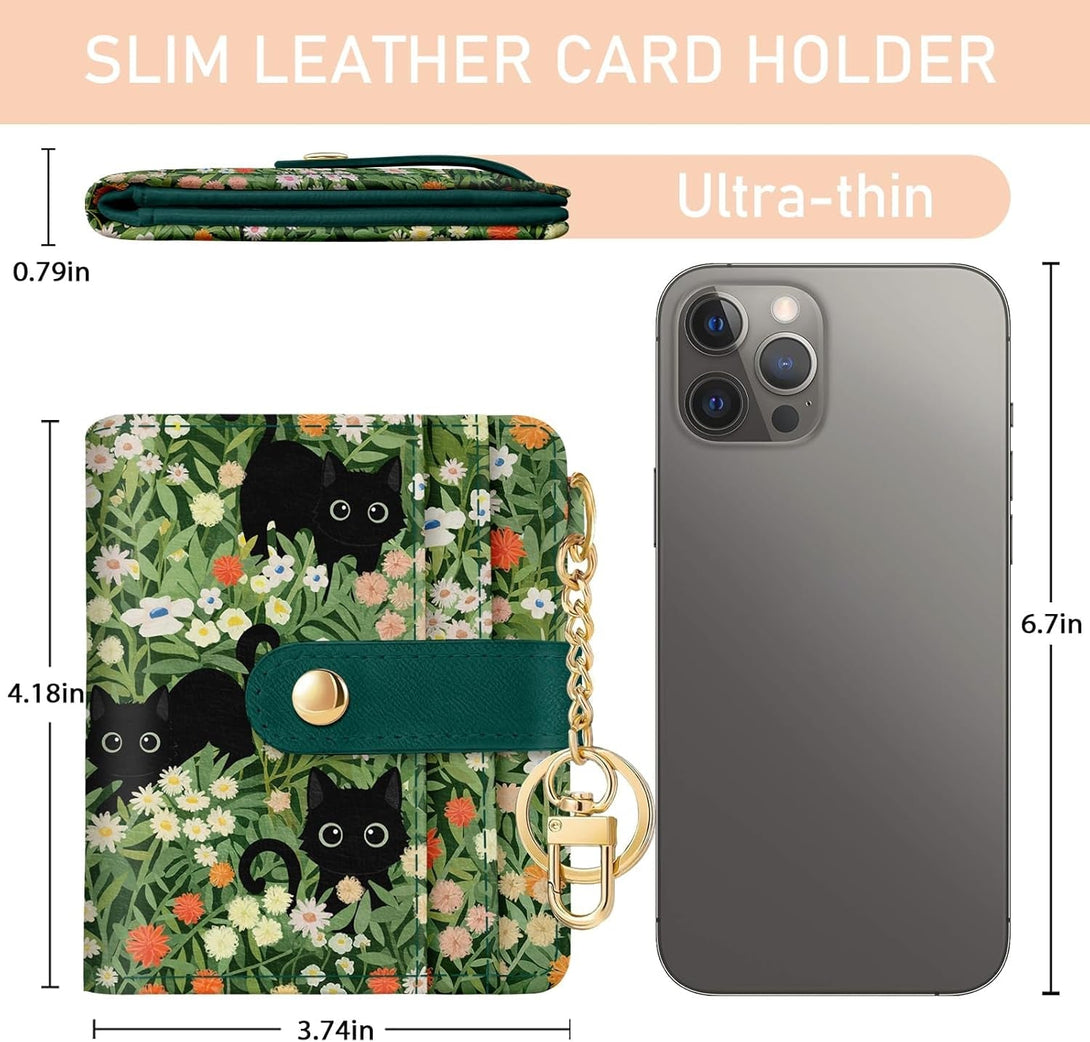 Black Cat Floral Rfid Women Wallet, Small Slim Thin Credit Card Wallet, PU Leather Bifold Cash Zipper Coin Pocket ID Window for Female Ladies Teen Girls Girly