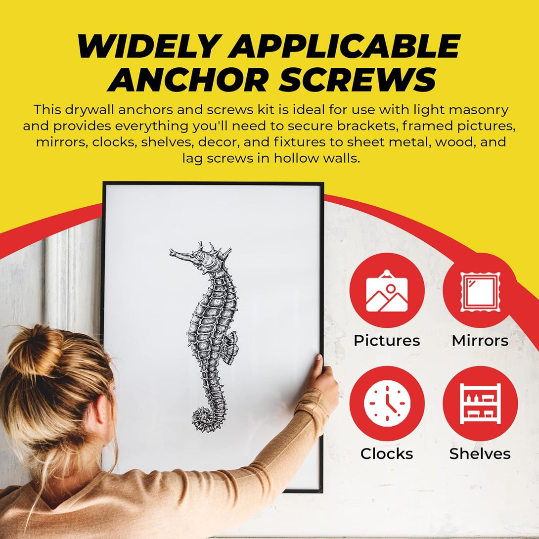 Qualihome Ribbed Plastic Drywall Anchor Kit - Wall Anchors and Screws for Drywall Includes Anchors, & Screws, 1 Masonry Drill Bit - Mounting Tolls for Decor, Furniture, Shelving (6-8 X 7/8")