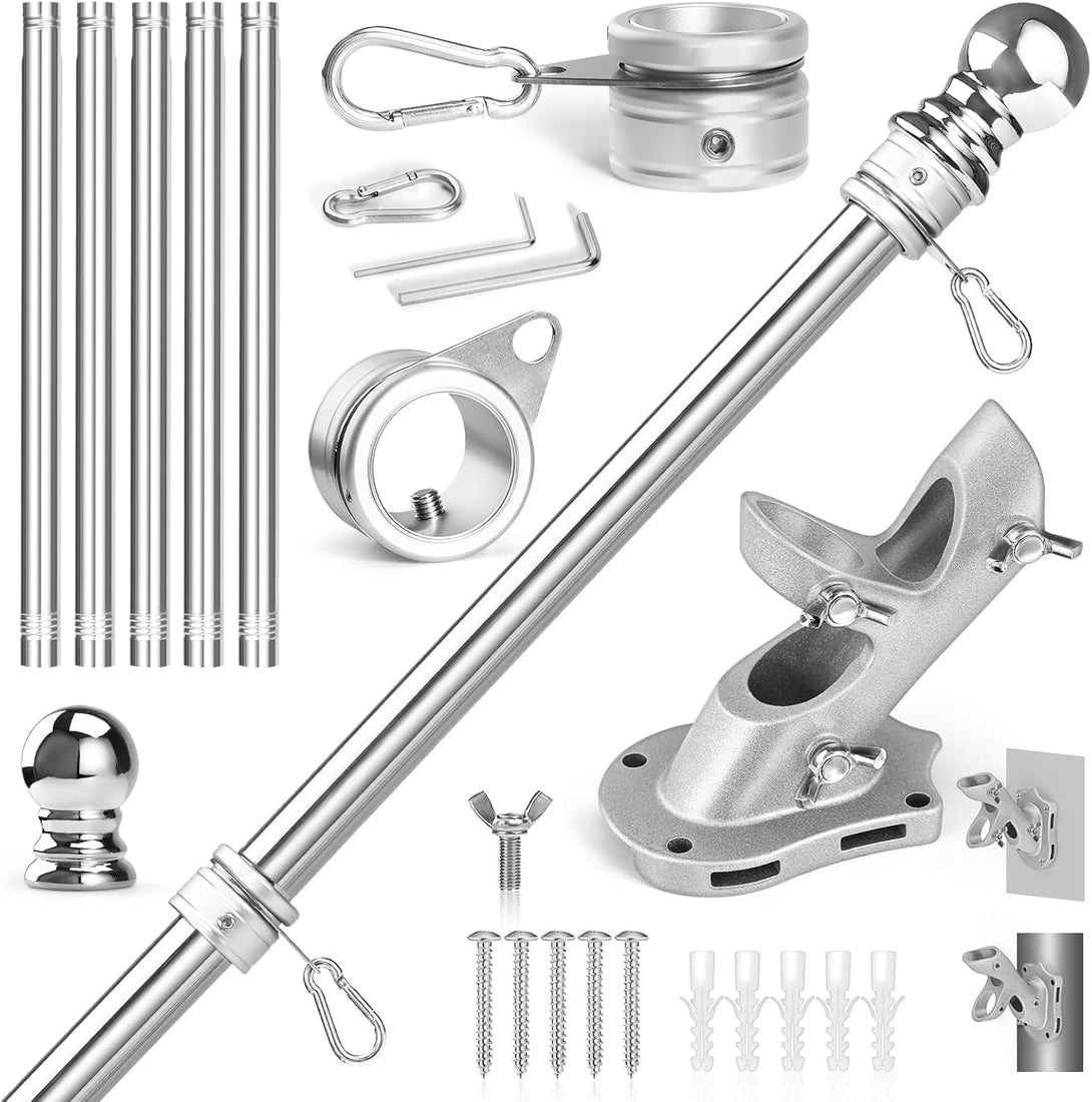 Anovo Flag Pole Kit- Stainless Steel 6 FT Flag Poles With1 Inch Metal 360° Rotating Flag Pole Rings Clip, Two-Position Flag Pole Holder Brackets Mounting for outside House Outdoor Porch (6 Ft-Sliver)