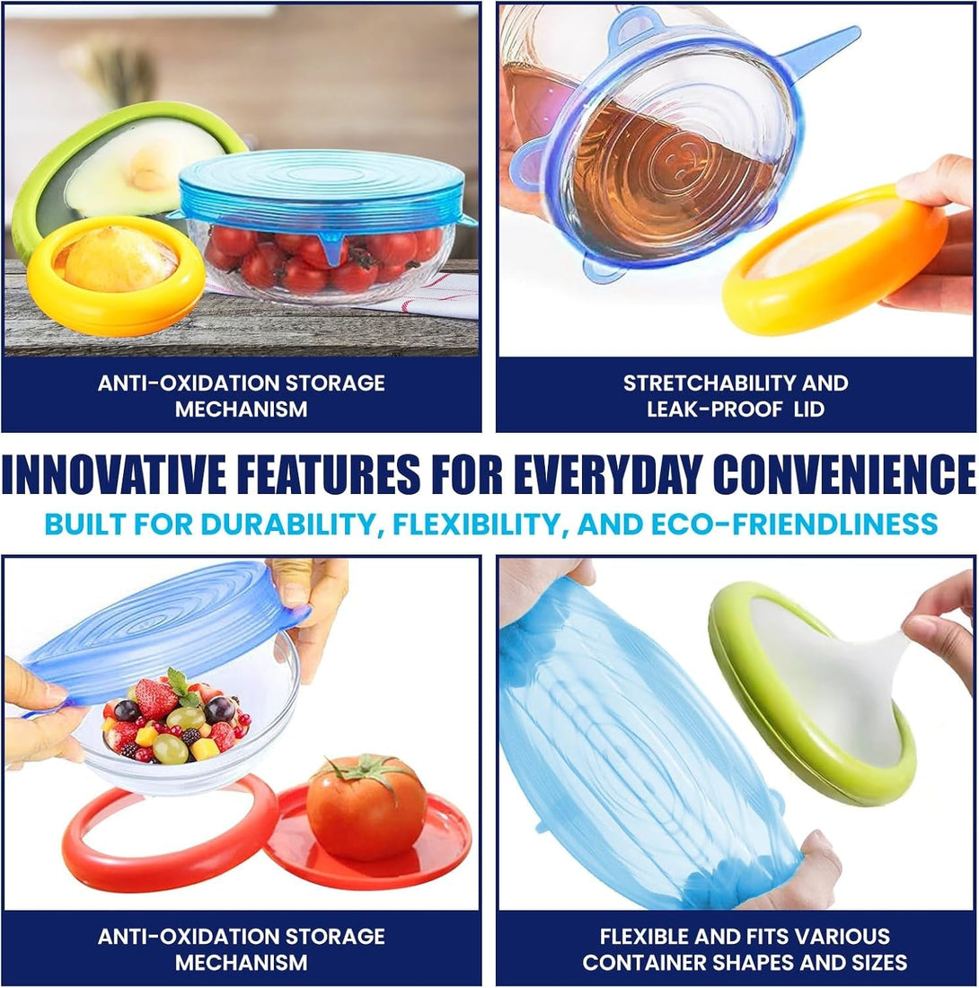Fresh Guard - Set of 4 Reusable Storage Containers for Fridge - Anti-Oxidation - Avocado Saver and Tomato Holder + 6 Reusable Silicone Stretch Lids - Airtight, Leak-Proof for Bowls, Jars, Cans