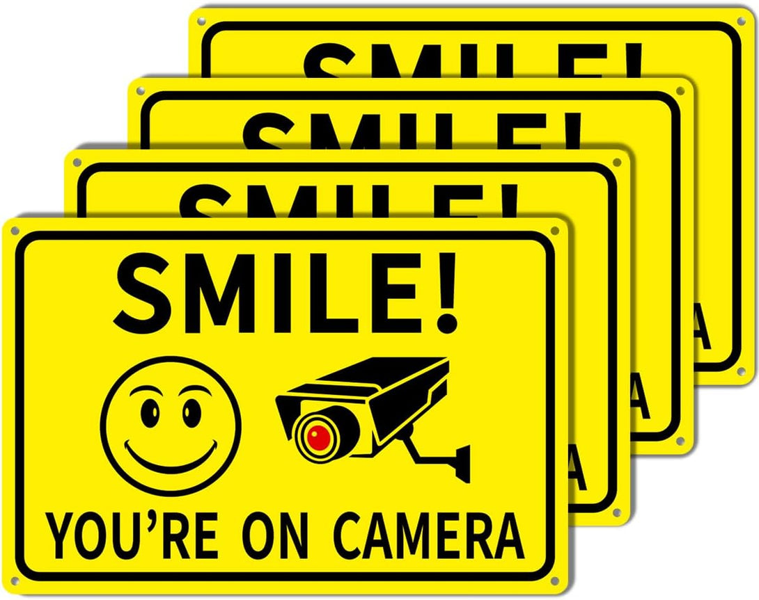 4-Pack Smile You'Re on Camera Signs 8"X12" Rust Free Aluminum Video Surveillance Signs Outdoor, Security Camera Sign with UV Printed - Smile Your on Camera Signs for Home, Business, Yard and CCTV