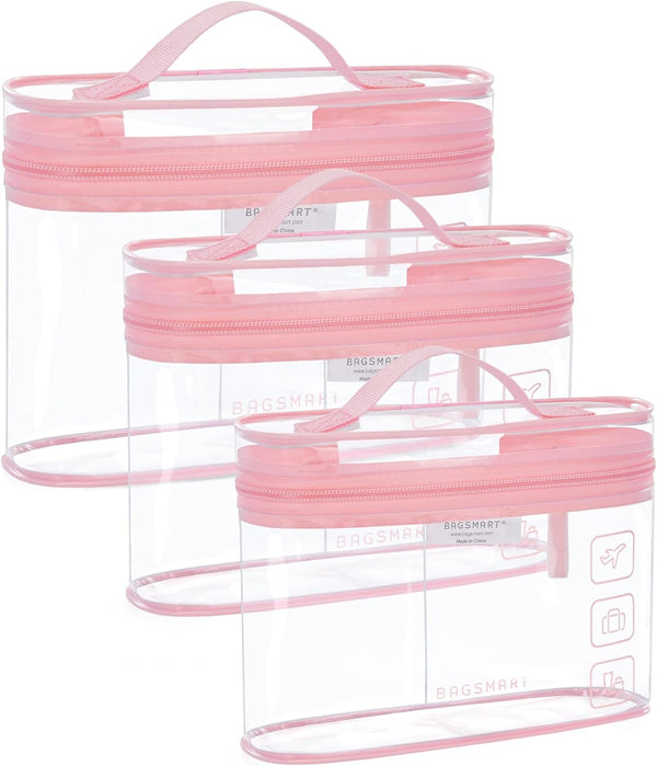 BAGSMART TSA Approved Toiletry Bag, 3 Pack Clear Makeup Cosmetic Bag Organizer, Quart Size Travel Bag for Toiletries, Carry-On Travel Accessories Essentials, Pink-3Pcs