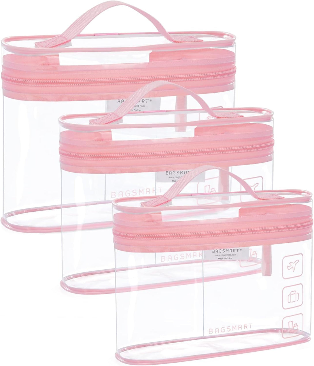 BAGSMART TSA Approved Toiletry Bag, 3 Pack Clear Makeup Cosmetic Bag Organizer, Quart Size Travel Bag for Toiletries, Carry-On Travel Accessories Essentials, Pink-3Pcs
