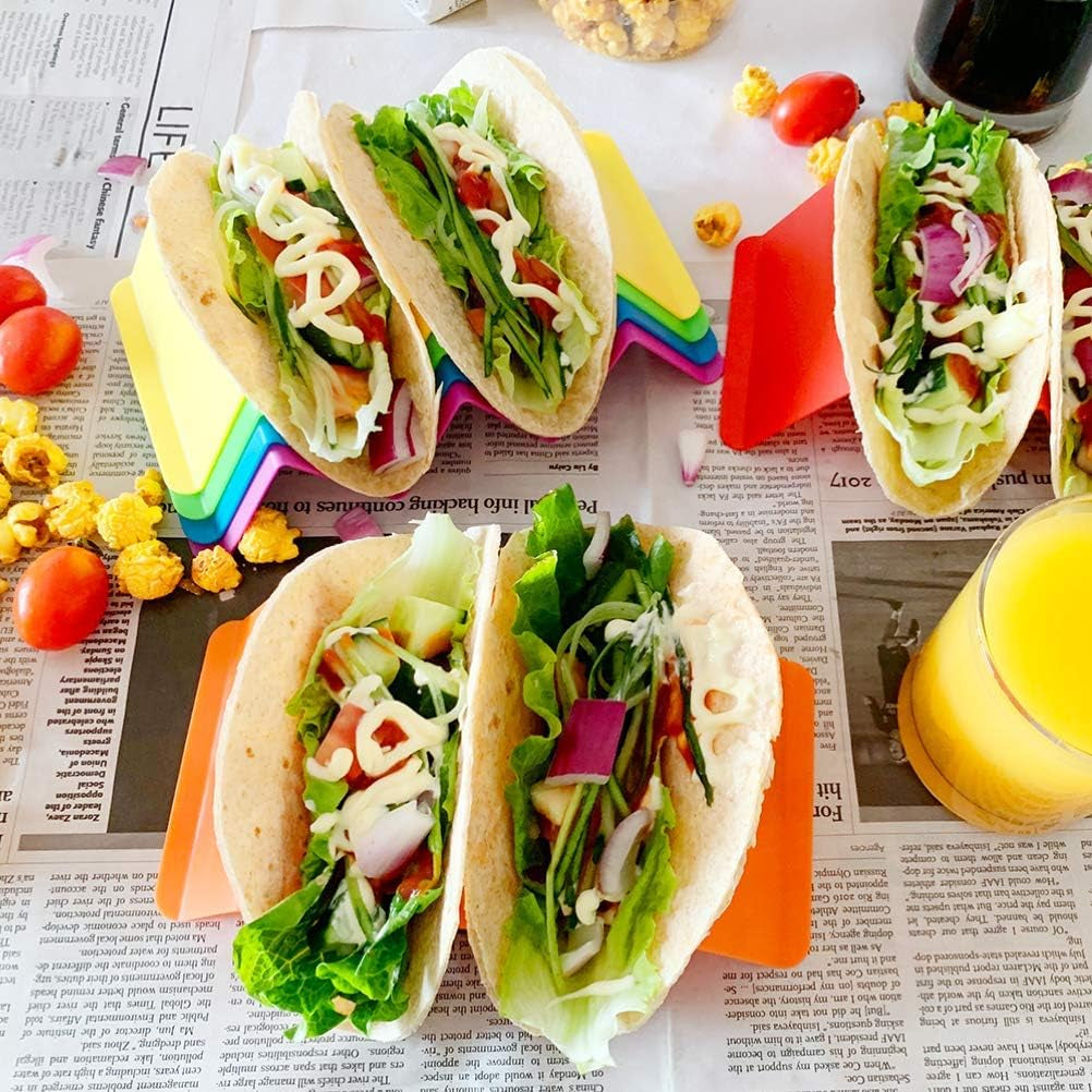 Aichoof Colorful Taco Holder Stands Set of 6 - Premium Large Tray Plates Holds up to 3 or 2 Tacos Each, PP Health Material Very Hard and Sturdy, Dishwasher & Microwave Safe