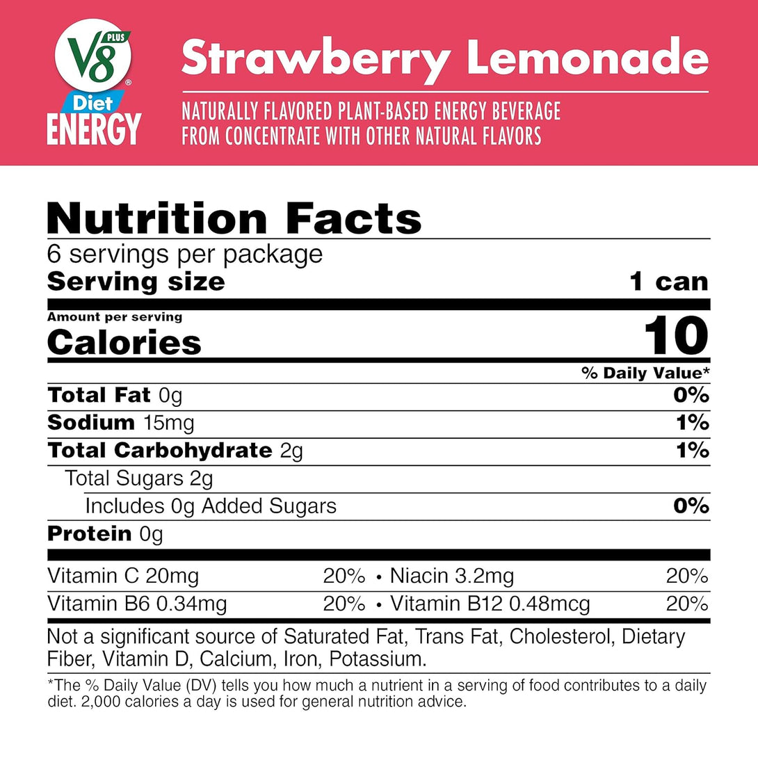 V8 +Energy Diet Strawberry Lemonade Juice Energy Drink, 8 Fl Oz Can (6 Pack)