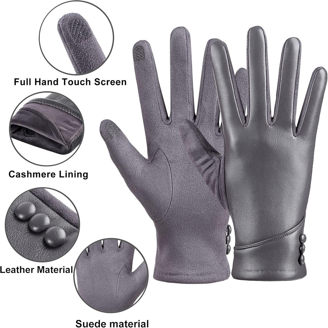 Womens Winter Leather Gloves Touch Screen Wool Lined Windproof Warm Suede Fashion Dress Gloves