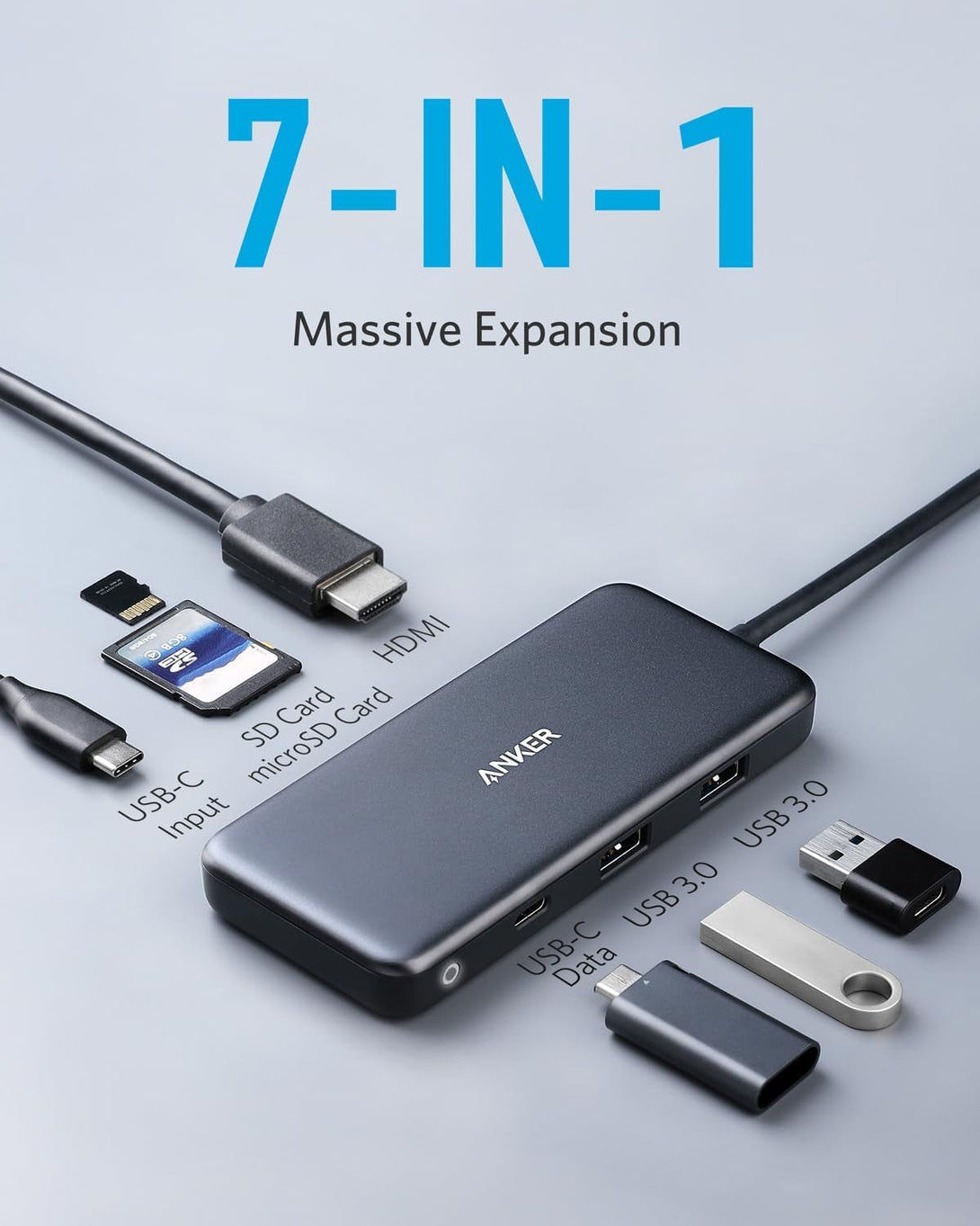 Anker USB C Hub (7-In-1), with 4K HDMI, 100W Power Delivery, USB-C and 2 USB-A 5Gbps Data Ports, Microsd and SD Card Reader, for Macbook Air, Macbook Pro, XPS, and More