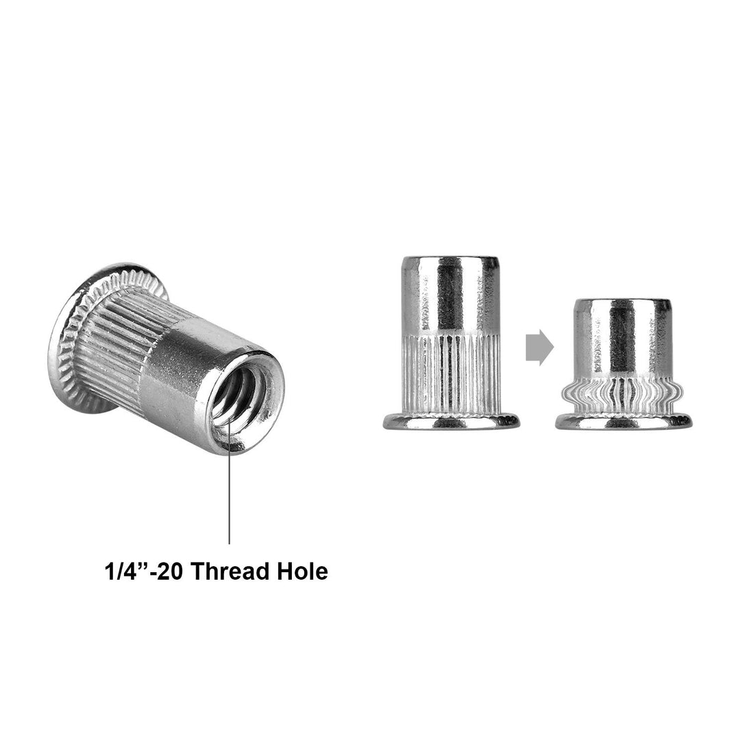 40Pcs 1/4”-20 Rivet Nuts Stainless Steel Threaded Insert Nut 1/4-20UNC Nutsert Rivnuts Flat Head Knurled Body