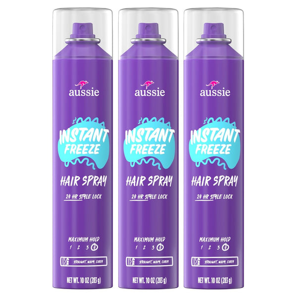 Aussie Instant Freeze Hair Spray for Extreme Hold, Infused with Jojoba Oil & Sea Kelp, Long-Lasting All-Day Hold, Fresh Citrus Scent, Safe for All Hair Types, 10 Fl Oz, 3 Pack
